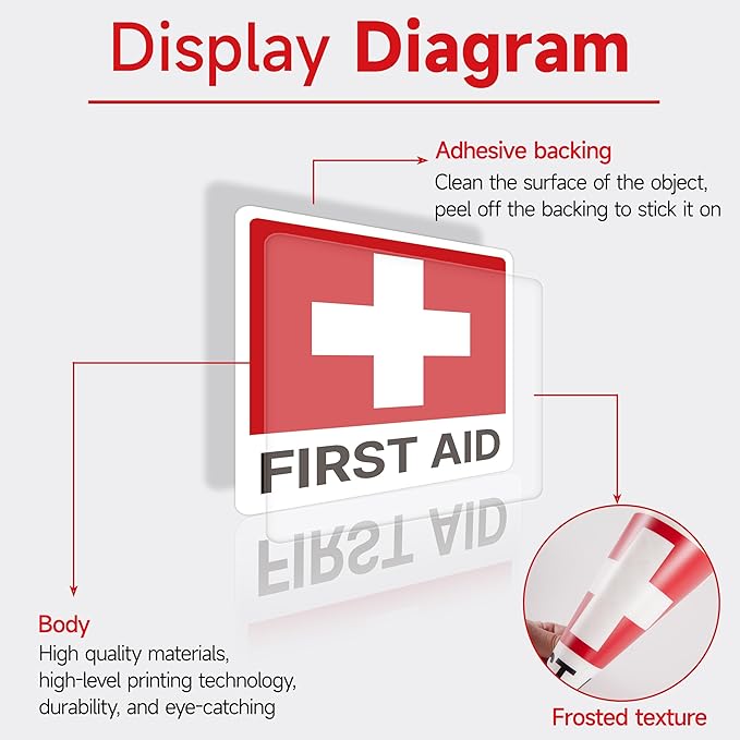 3PCS First Aid Sign Sticker for Home，Self-Adhesive Waterproof First Aid Decals for First Aid Boxes, Emergency First Aid Kit Supplies for Car, Office or Business 5.5''x5.5''