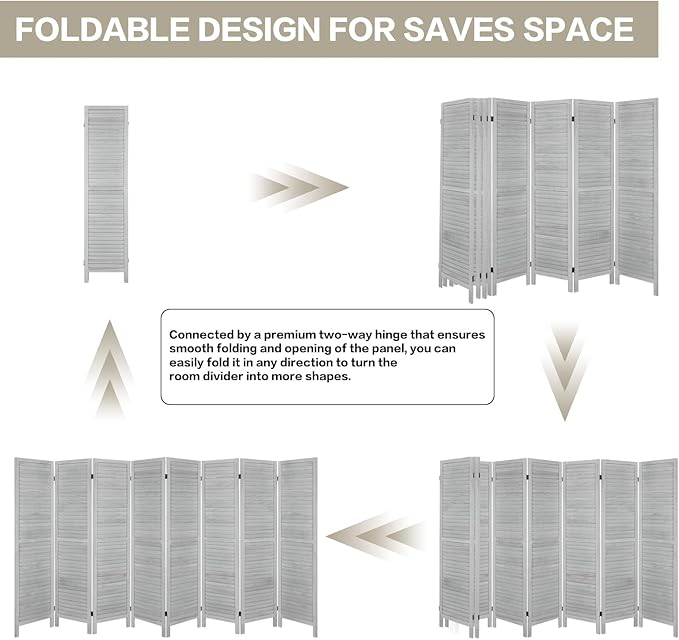 ECOMEX 8 Panel Wood Room Divider 5.6ft.Tall Folding Privacy Screen Panels, Room Divider Wall, Divider for Room Separation, Partition Room dividers and Effectively Block Sight(White)