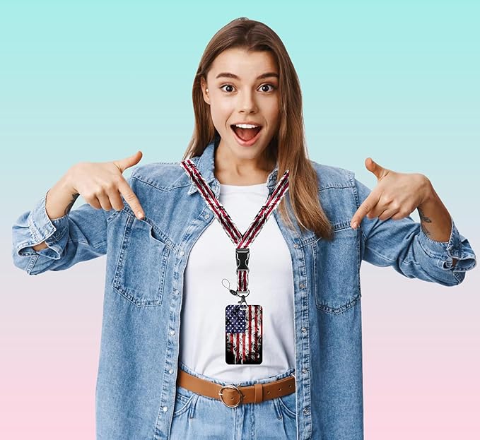 Badge Holder Lanyard American Flag Badge Reel ID Card Holders Detachable Name Tag Clips Cute Funny Nurse Teacher Office Gifts Women Man Badge Holder (USA SMOG)