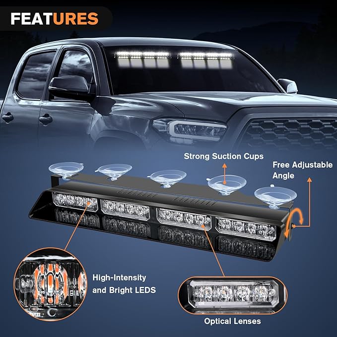 Nilight 32LED White Emergency Dash Strobe Lights with Controller Suction Cups Warning Hazard Interior Front/Rear Windshield Deck Split Light Bar for Trucks Construction Vehicles