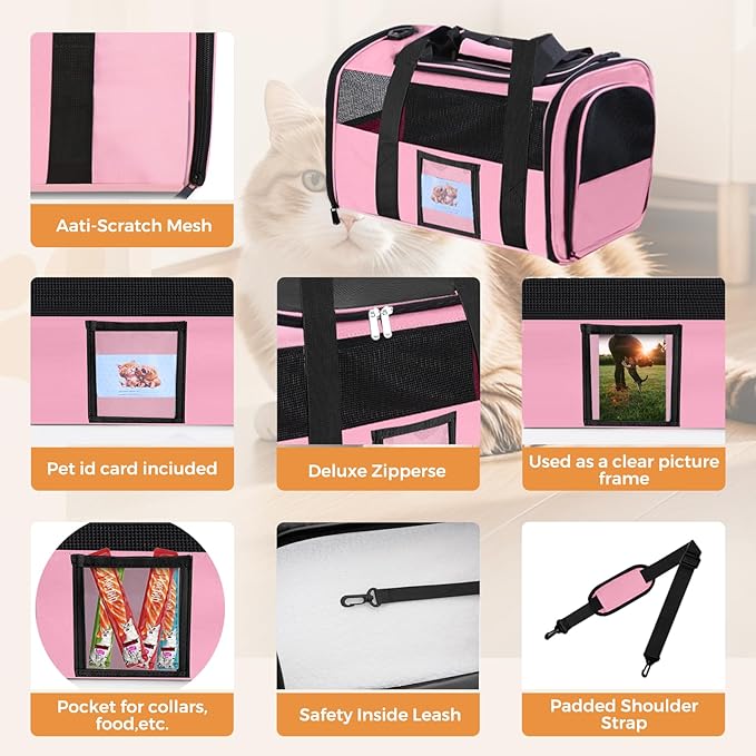 Cat Carrier Soft for Pets Up to 25 Lbs, Cat Travel Bag with Padded Shoulder Strap and Detachable Cat Food Bowl, Pet Dog Carriers for Small Dogs Travel Puppy Carry Airline Approved, Pink