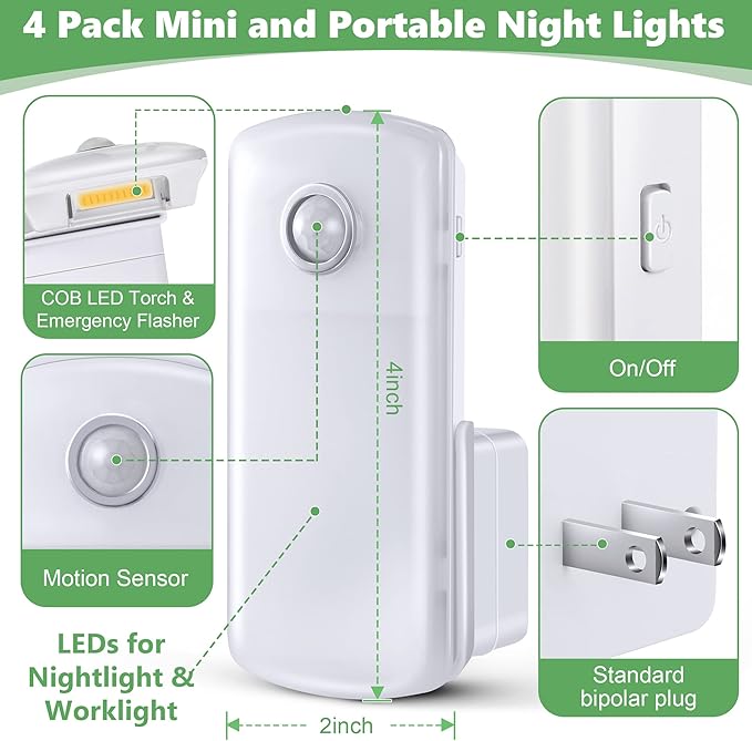 Enhon 4 Pack Emergency Power Failure Night Lights, Motion Sensor Night Light, Automatic Dusk to Dawn, Emergency Lights for Home, Bedrooms, Hallways, Black Outs, Rechargeable