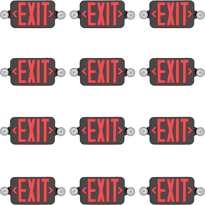 Black LED Exit Sign with Emergency Lights, Adjustable Two LED Head Commercial Emergency Exit Light with Battery Backup, UL Listed, AC 120/277V, Hardwired Emergency Lighting for Business (12 Pack)