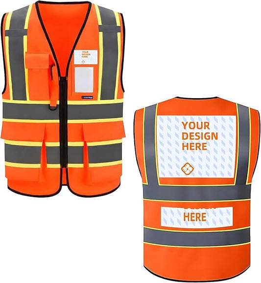 Custom Safety Vest Personalized Logo Hi Vis Class 2 Reflective Multi Pocket Zipper Construction Work Vest