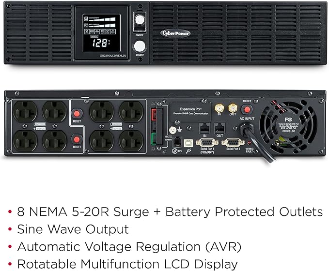 CyberPower OR2200PFCRT2U PFC Sinewave UPS Battery Backup and Surge Protector, 2000VA/1540W, 8 Outlets, AVR, 2U Rack/Tower, UL Certified