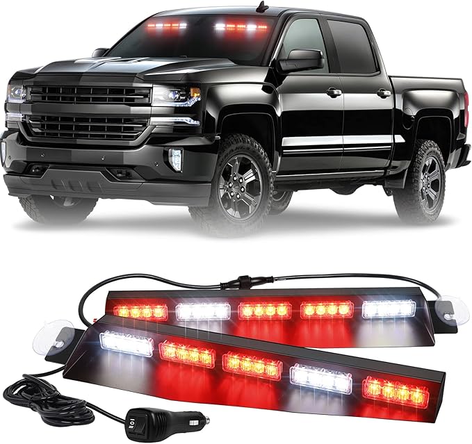 XRIDONSEN 34 inch Emergency Visor Lights 40 LED Red White Strobe Lights Interior Front Windshield Warning Flashing Hazard Light w/Take Down for Volunteer Firefighter Vehicles POV Trucks