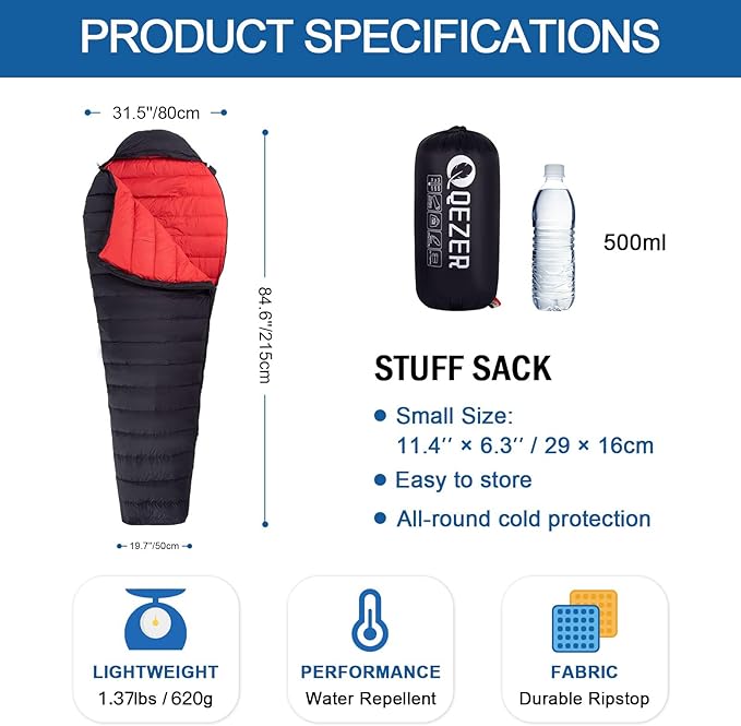Ultralight Down Sleeping Bag for Adults with 600 Fill Power, Compact Sleeping Bag for Backpacking, Hiking and Camping