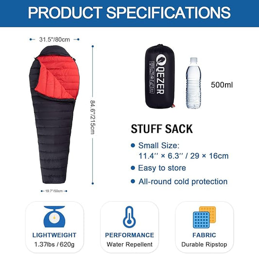 Ultralight Down Sleeping Bag for Adults with 600 Fill Power, Compact Sleeping Bag for Backpacking, Hiking and Camping