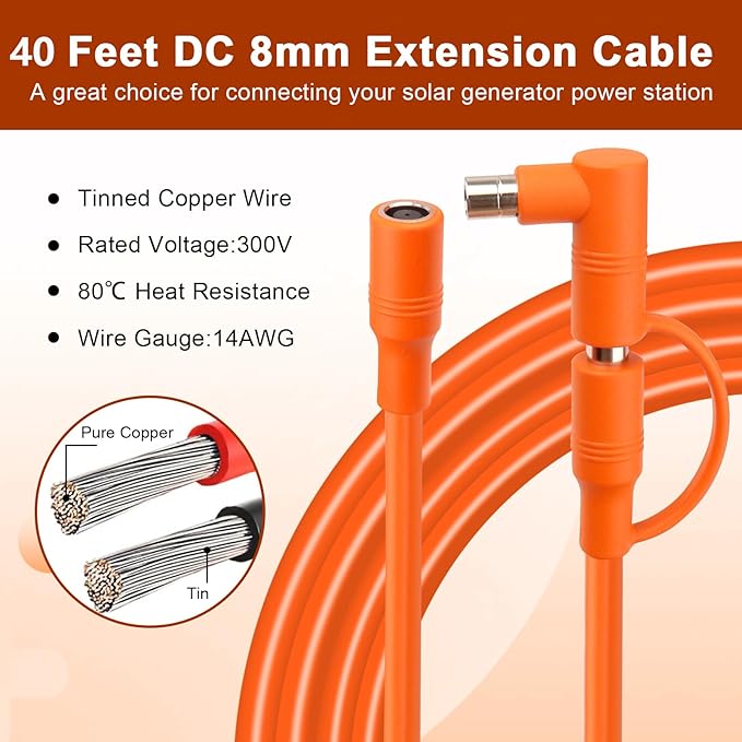 14AWG DC 8mm Extension Cable for Solar Panel 40FT,DC7909 Solar Panel Cable Female to Male with DC8020 Male Adapter Compatible with Aker,GZ Yeti,BLUETT,Jackery Portable Power Station - 40 Foot