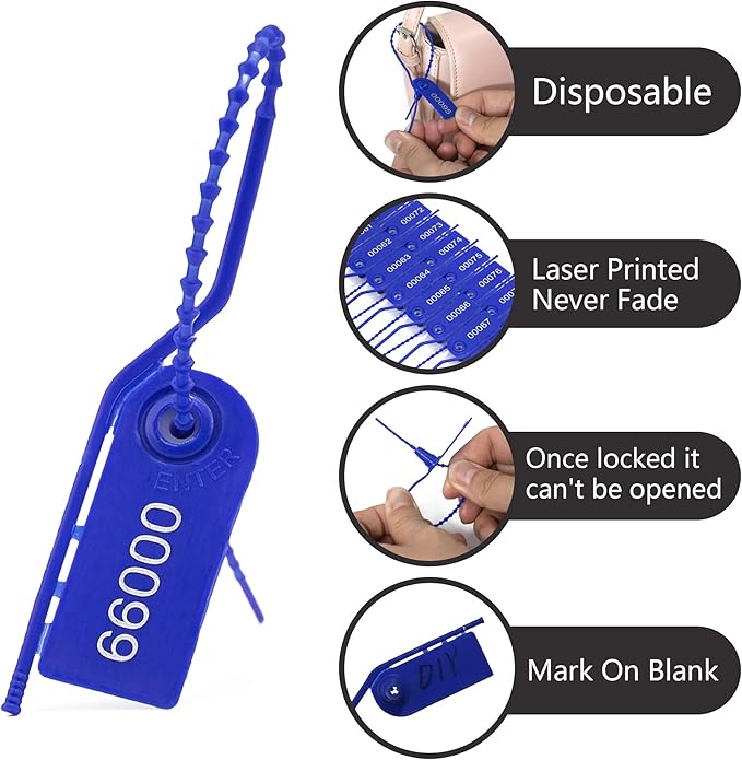 100 Plastic Tamper Seals Numbered Label Tags Pull Tite Security Seals Adjustable Length Breakable Tags Secure Inspection Tags for Fire Extinguishe Pin, First Aid Kits (Blue)