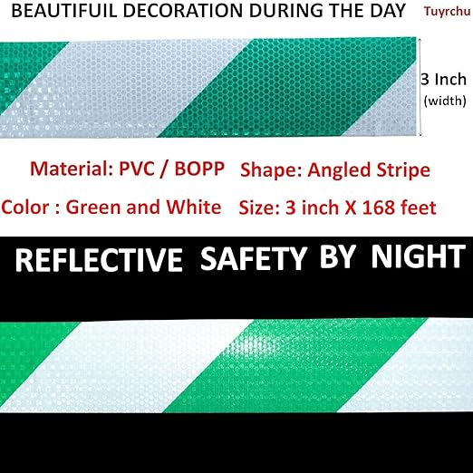 Green and White Reflective Tape Outdoor Waterproof 3 inch X 168 feet, High Visibility Hazard Conspicuity Safety Marking Tape