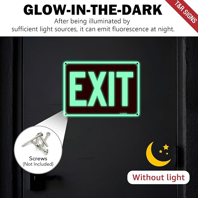 T&R Exit Sign - 2 Pack - 10 x 7 Inches Rust Free .040 Aluminum Glow-In-The-Dark - UV Protected, Waterproof, Weatherproof and Fade Resistant - 4 Pre-drilled Holes