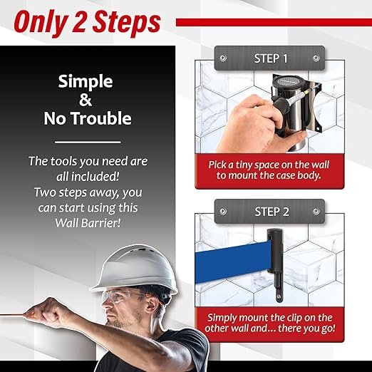 DuraSteel Wall Mount Crowd Control Retractable Belt Barrier- 9.2 Ft Blue Retractables Barrier Belt w/Stainless Steel Casing - Do Not Enter Crowd Control Barriers NOT Stanchions with Retractable Belts