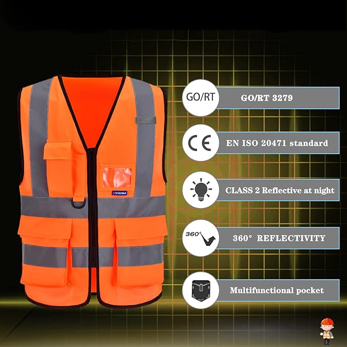 A-SAFETY Orange High Visibility Safety Vest Reflective, 3M Multi Pockets Working Vest Working Uniform Zipper Front ANSI/ISEA Standards 7 Pockets Class 2,3XL