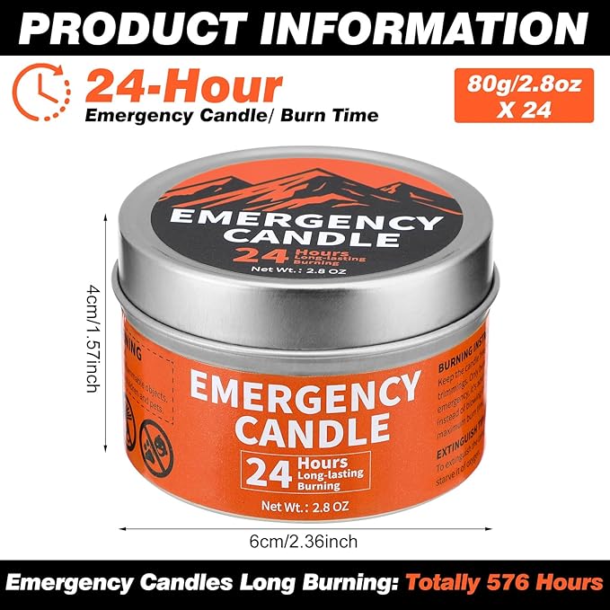 Chuarry 24 Pcs Emergency Candle Bulk 24 Hours Long Burning Survival Soy Wax Candles for Power Outages Survival Camping Hunting Outdoor Activities(Silver)