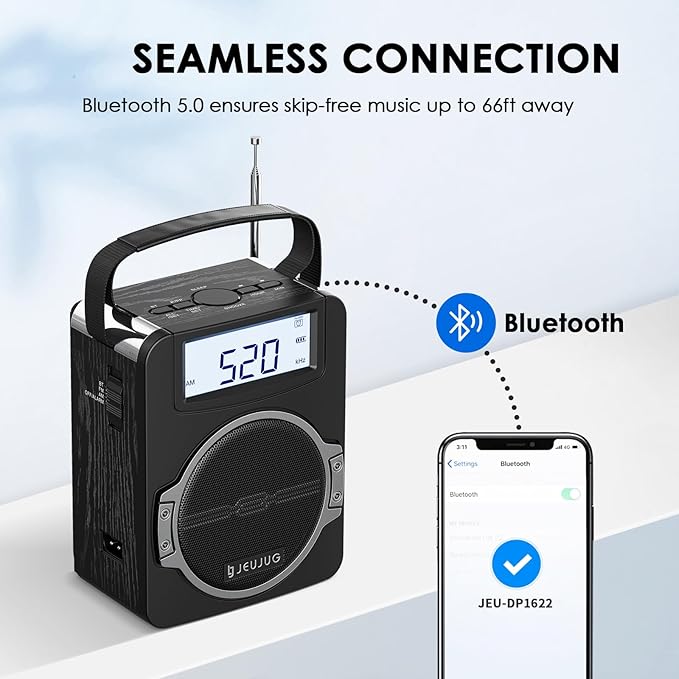 Radio Portable AM FM Digital Radios Clock Radio with Bluetooth 5 Watts Loud Speaker Rechargeable AM FM Radios Plug in Wall Battery Operated Best Reception for Home Outdoor Great Gift Black