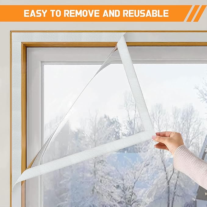 Window Insulation Kit for Winter, 47x63 Inch Cuttable Transparent Plastic Film with Adhesive Tape, Reusable Winterizing Cover for Thermal Insulation Easy to Install & Remove