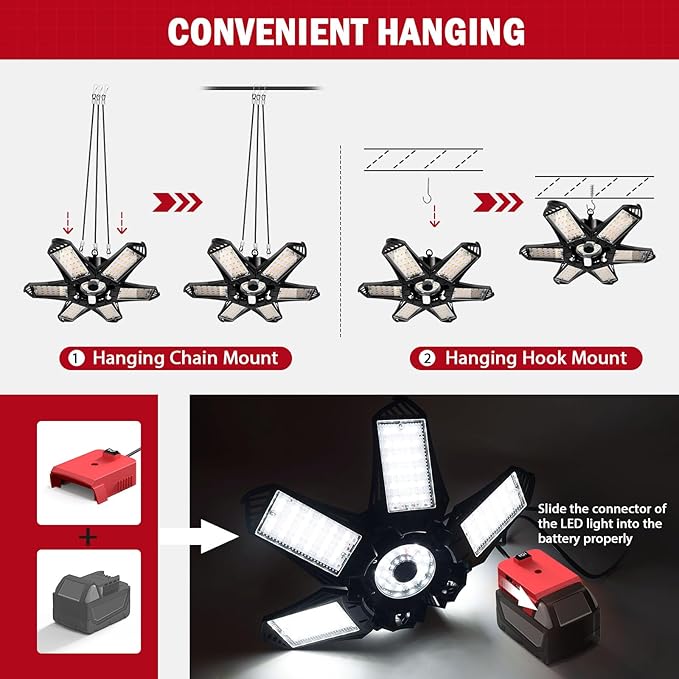 LIVOWALNY LED Work Light Compatible with Milwaukee 18V Battery, 68W 6800LM LED Garage Flood Lights with 6+1 Deformable Panels, Battery Powered Pendant Ceiling Light for Shed Workshop Garage Home