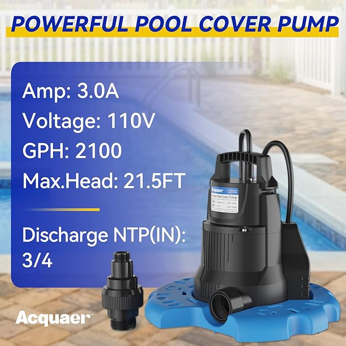 Acquaer 1/3 HP Automatic Swimming Pool Cover Pump, 2950 GPH Submersible water pump with 3/4” Check Valve Adapter & 25ft Power Cord, Water Removal for Pool, Hot Tubs, Rooftops, Water Beds and more