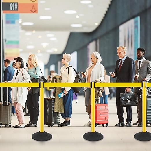6 Pack Yellow Stanchions with Retractable Belts - Crowd Control Barriers, Heavy Duty Weighted Base for Events, Retail, Queue Lines