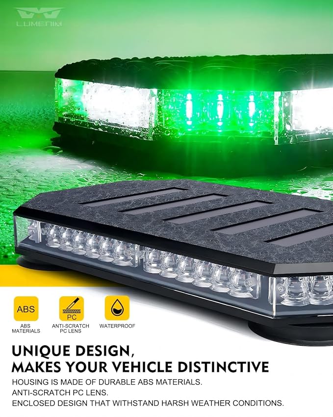 LUMENIX 42 LED Roof Top Strobe Beacon Light Bar Hazard Warning Emergency Flashing Plow Lights with Controller for Construction Vehicles Tow Trucks Snowplow Postal Cars White Green (Patent Design)