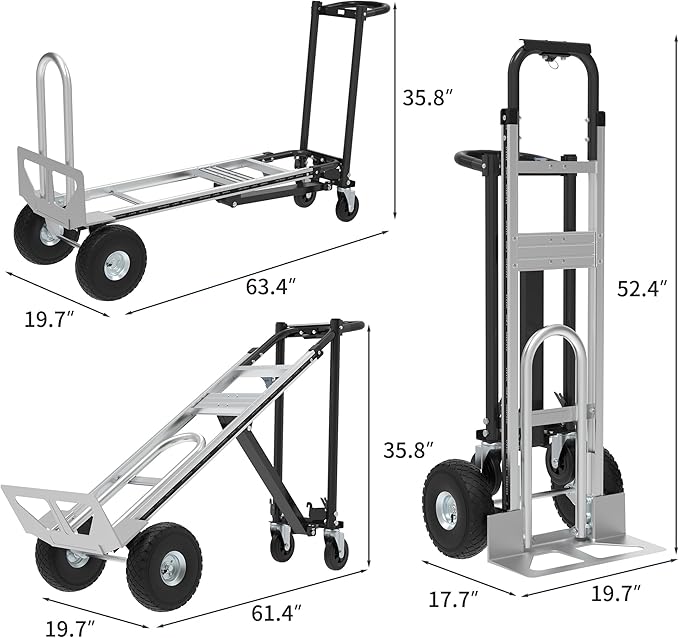 3in1 Convertible Hand Truck Dolly Cart, 880 lb Aluminum Hand Trucks Heavy Duty Furniture Appliance Dolly W/10 Wheels,Utility Cart for Transport & Moving Office, Home & Warehouse Use (Silver Black)