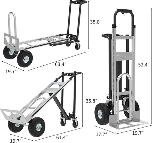 3in1 Convertible Hand Truck Dolly Cart, 880 lb Aluminum Hand Trucks Heavy Duty Furniture Appliance Dolly W/10 Wheels,Utility Cart for Transport & Moving Office, Home & Warehouse Use (Silver Black)