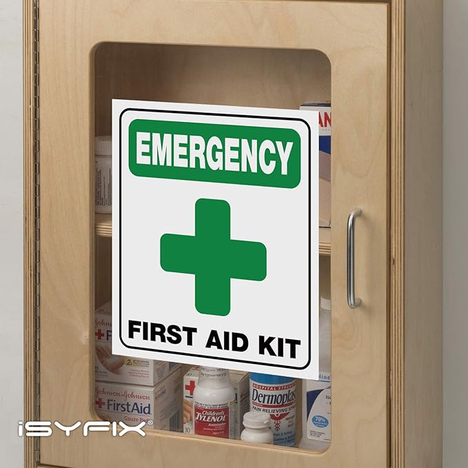 iSYFIX Emergency First Aid Kit Signs Stickers for Home, Schools & Business - 4 Pack 6x7 Inch - Premium Self-Adhesive Vinyl, Laminated UV, Weather, Scratch, Water and Fade Resistance, Indoor & Outdoor