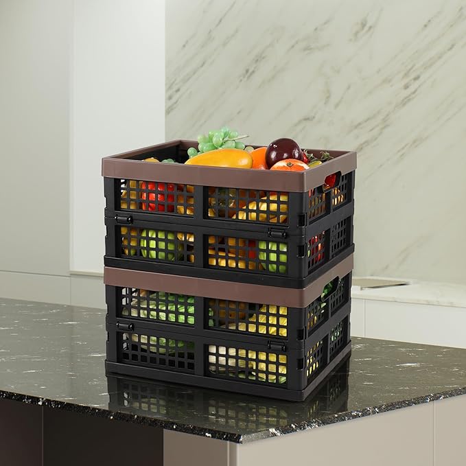 Set of 3 Plastic Collapsible Storage Crate, 15 L Stackable Folding Storage Crates with Handles, Foldable Shelf Storage Baskets