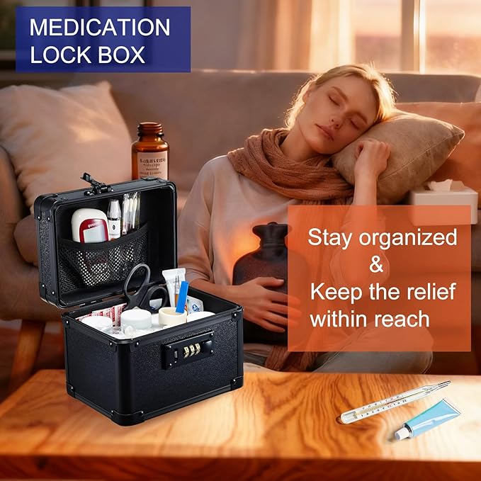 Adazzo Lockable Medicine Storage Box - Shiny Black Cabinet Med Lock Organizer, 7 * 5.25 * 5.75 Inches Safe Case with Combination Lock for Home, Dorm, Office, or Travel - Mini Size