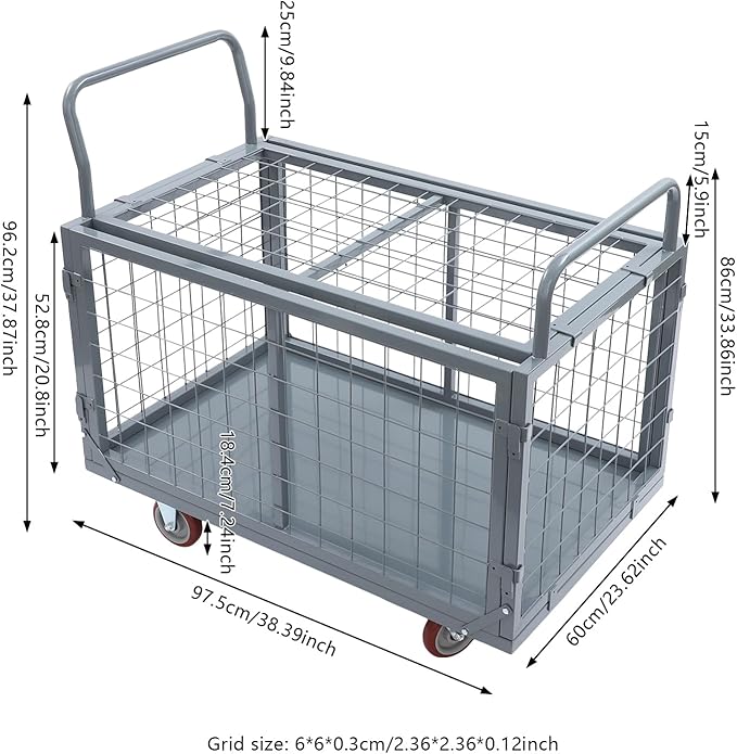 2000lbs Capacity 5-in-1 Heavy Duty Folding Platform Truck, Industrial Utility Cart with Removable Cage & 4 Casters, Hand Push Wagon for Warehouse, Garage, Retail Moving