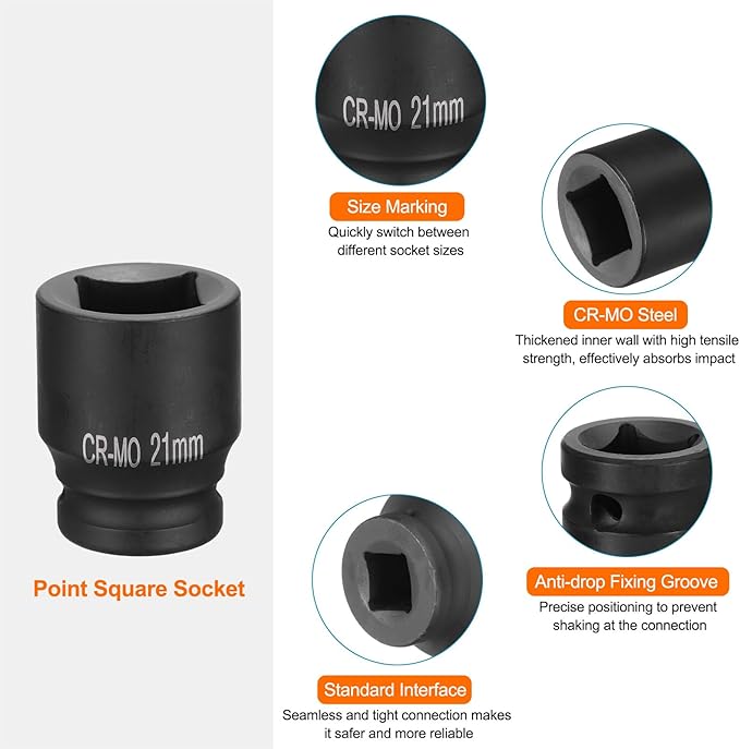 HARFINGTON 4 Point Square Socket 1/2" Drive 21mm Metric Square Impact Socket CR-MO Blackening Standard Wheel Sockets Pneumatic Socket Tool for Auto Repair Mechanical Maintenance Home Use
