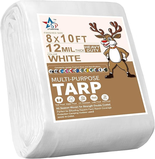 STARPYNG-12 Mil White 8x10 Feet Tarp-Heavy Duty Poly Tarp-Cover,Waterproof, UV Resistant, Weather Resistant, Cover Cars, Boats, Courtyards,Camping