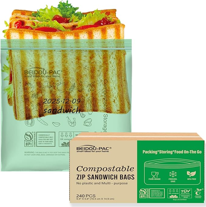 Compostable Sandwich Food Storage Freezer Bags, 240 Count | 2 Mil | 6.5 IN x 5.8 IN, Freshness Easy Open Biodegradable Eco-Friendly Reclosable Compost Zip Bags