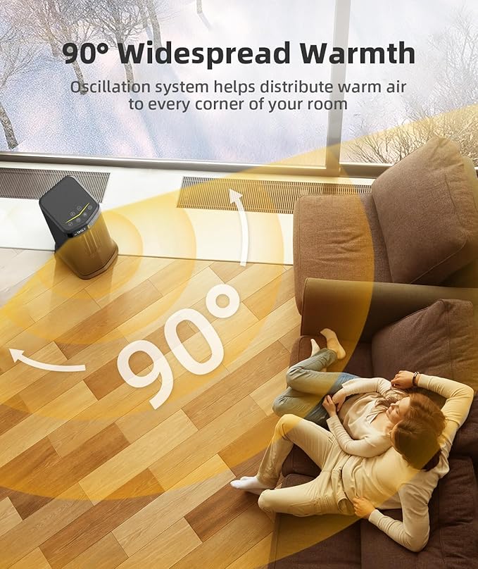 BREEZOME Space Heater for Indoor Use, 1500W Fast Heating Electric Heater with Thermostat & 24H Timer, 90°Oscillating PTC Ceramic Heater, Portable Room Heaters for Home Bedroom Office, Dark Grey