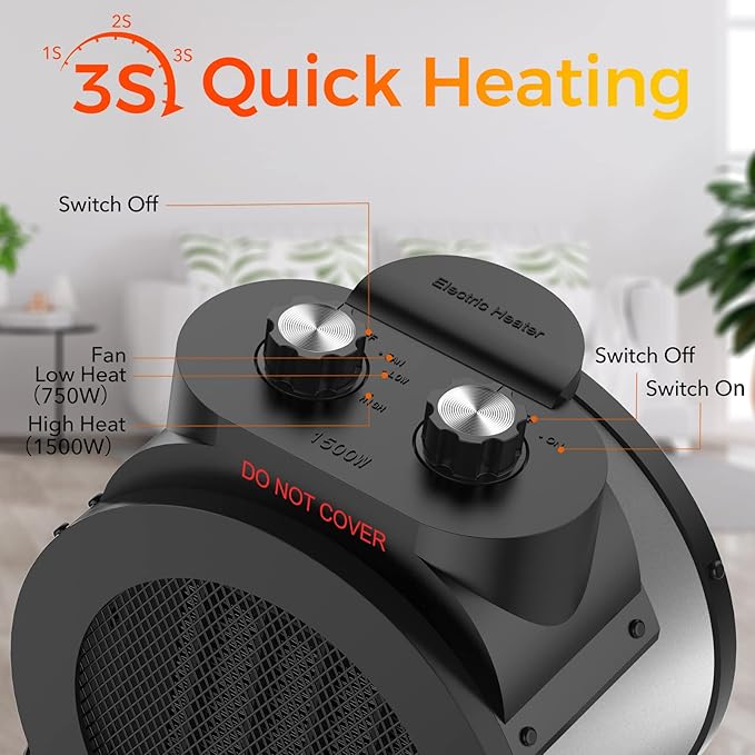 1500W Electric Space Heater with 90 Adjustable Angle, Overheat Protection, Heater for Garage, Office, Indoor Use