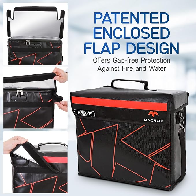 Fireproof and Waterproof Document Bag with Lock, 6200℉ Insulated, Patented Enclosed Flap Design, Heavy Duty Fire Safe Storage Box for Documents, Files & Valuables, 16"x12.6"x6.5"