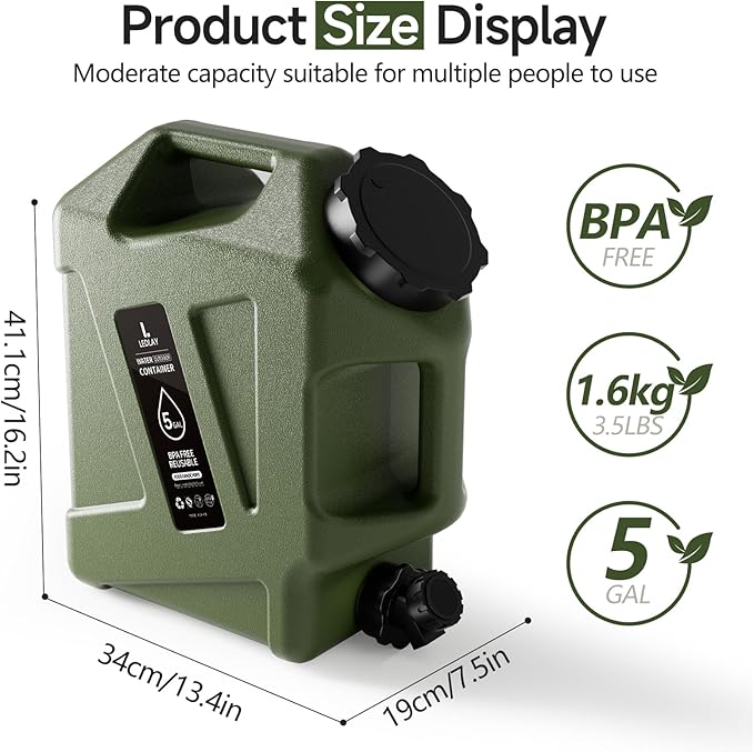 5GAL Camping Water Jug, Portable Water Storage Container with Spigot, Leak-Proof Lid & Dual Handles, Outdoor Water Tank for Camping, RV, Emergency Preparedness