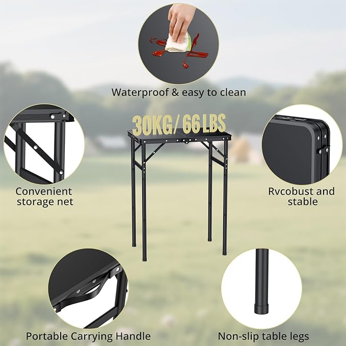 Anbte 2ft Folding Camping Table Max 29.5", 3 Adjustable Height Aluminum Small Folding Table with Storage Net & Portable Handle, Lightweight, for Travel Outdoor Beach Picnic Camp, 23.2" x 16", Black