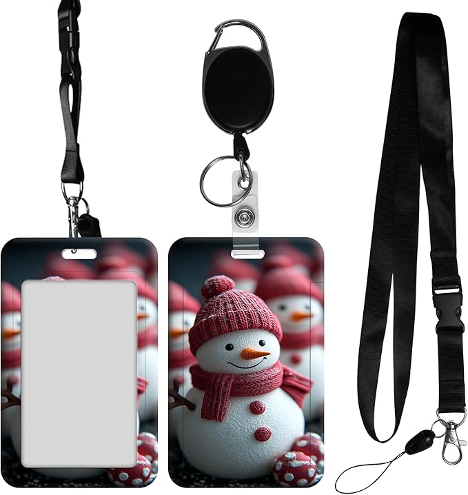 ID Badge Holder with Retractable Lanyard for Women & Men,Vertical ID Card Holder Wallet,Clear Window&Card Slot,Detachable Neck Strap for Nurse Teacher Office,Red Knit Snowman