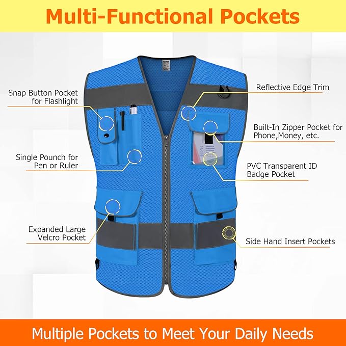 TCCFCCT Mesh Reflective Vest 9 Pockets High Visibility Safety Vest for Men Women, Hi Vis Construction Vest with Reflective Strips, Meets ANSI/ISEA Standards, (Blue, Small)