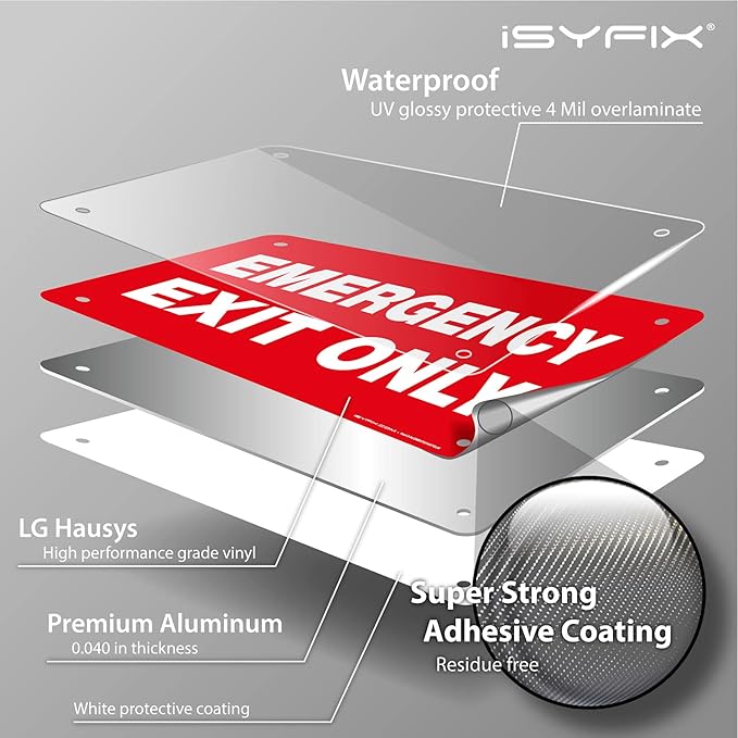 Emergency Exit Only Signs – 1 Pack 10x7 Inch – 100% Rust Free .040 Aluminum Signs, Laminated for Ultimate UV, Weather, Scratch, Water and Fade Resistance, Indoor and Outdoor