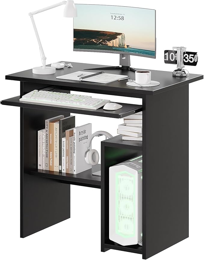 ALISENED Home Office Computer Desk with Monitor Stand Keyboard Tray, 31.5 Inch Study Writing Desk Small PC Laptop Table with Storage Shelves, Modern Workstation for Small Spaces Save Space, Black B