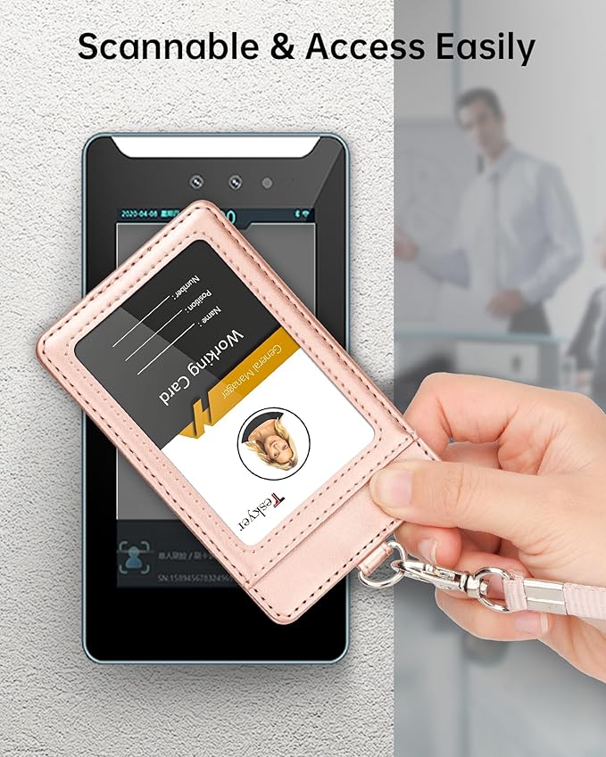 Teskyer Lanyards for ID Badges, Leather ID Badge Holder for Work School IDs, Cruise Ship Cards, Hotel Key Cards, Pass Cards - Rose Gold
