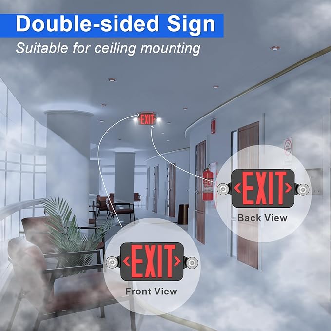 Black LED Exit Sign with Emergency Lights, Adjustable Two LED Head Commercial Emergency Exit Light with Battery Backup, UL Listed, AC 120/277V, Hardwired Emergency Lighting for Business (12 Pack)