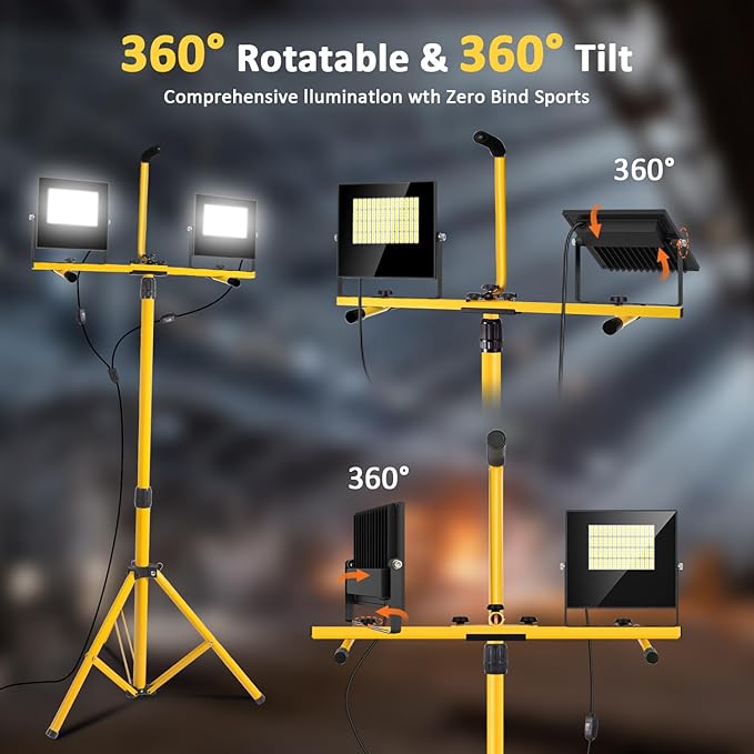 24000 Lumen Work Lights with Stand, Works Light Adjustable 2 Head Tripod Work Light IP67 Waterproof Tripod Work Light Stand