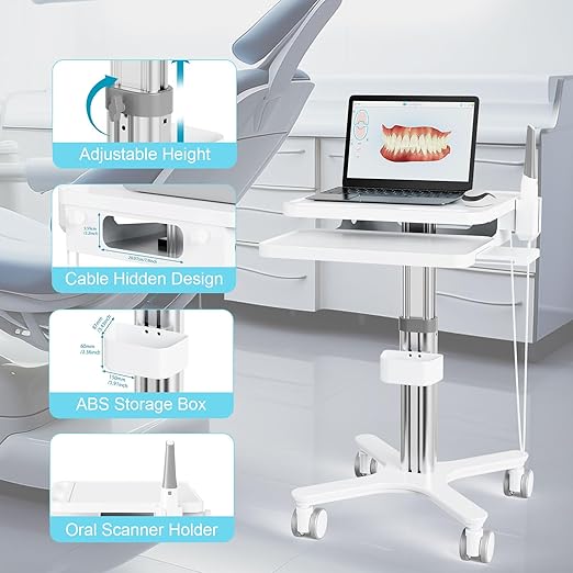 Medical Cart Trolley, Mobile Adjustable Height Dental Cart with Oral Scanner Holder for for Hospital, Dental