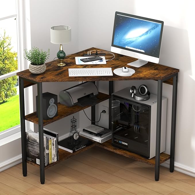 Auromie Corner Desk with Outlets & USB Ports, 90 Degree Triangle Corner Table with CPU Stand & Storage Shelves for Small Space, Computer Table with Charging Station for Home Office Bedroom (Rustic)