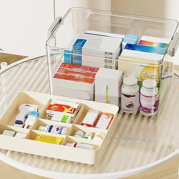 2-Tier Medicine Storage Box with Handle, Clear Plastic First Aid Organizer for Home & Travel, Multi-Compartment Emergency Supplies Container, Family Medicine Box, Pill Bottle Organizer