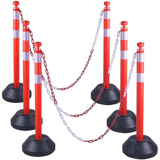 OrangeStar 6 Packs Traffic Delineator Post Cones, 40” Driveway Chain Safety Barriers with Water Fillable Base, 6 x 6.6 Ft Plastic Chains, Crowd Control Stanchion Sets for Outdoor and Indoor, Red
